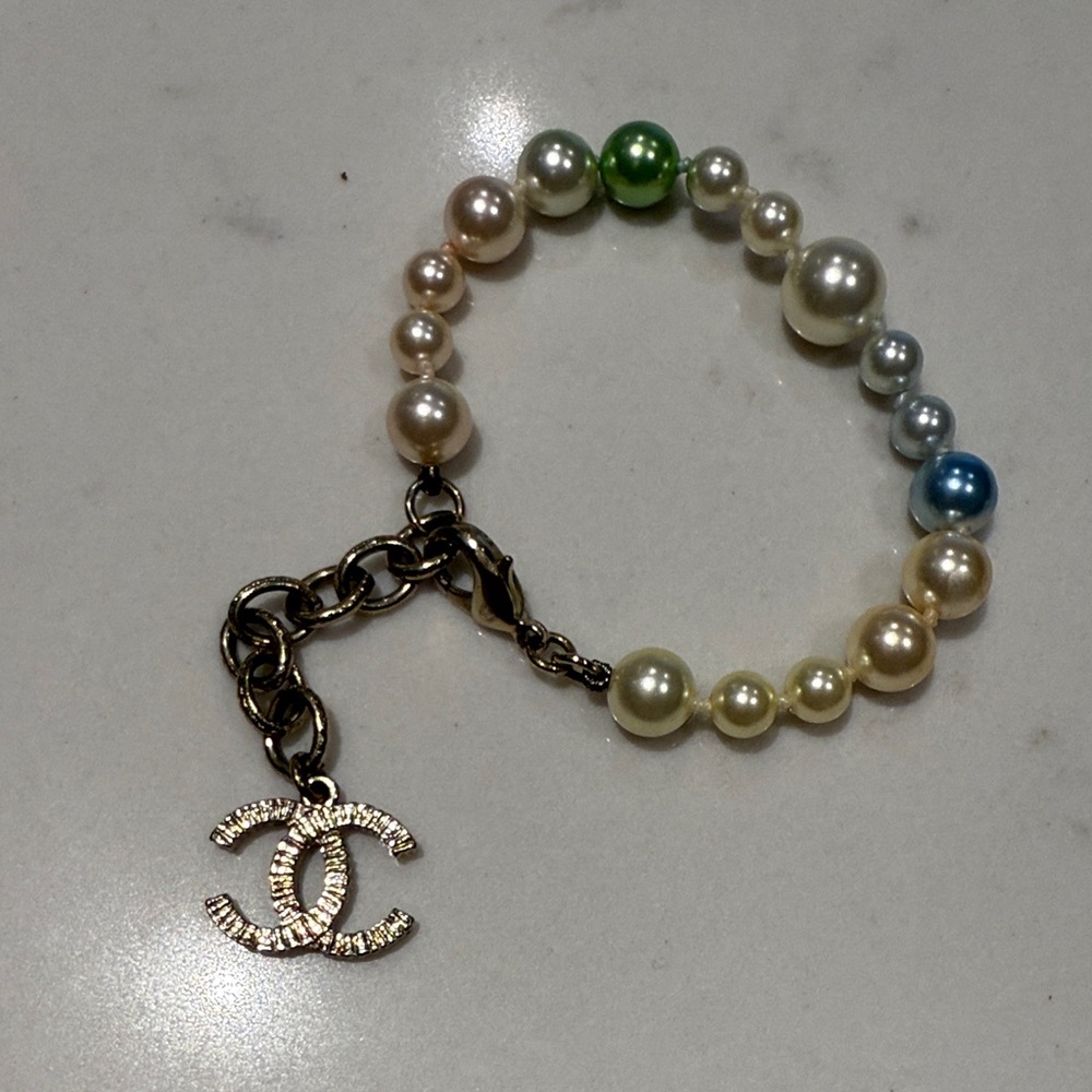 CHANEL Pearl Bracelet with Green and Blue Accents